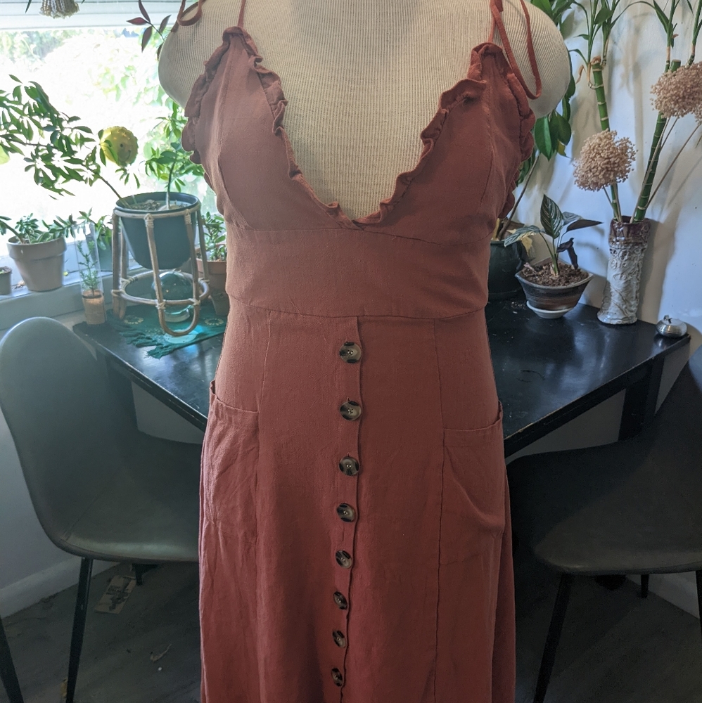 Rust colored summer mid length dress with pockets